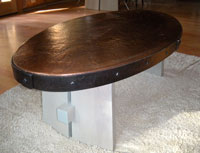 copper coffee table top with steel band